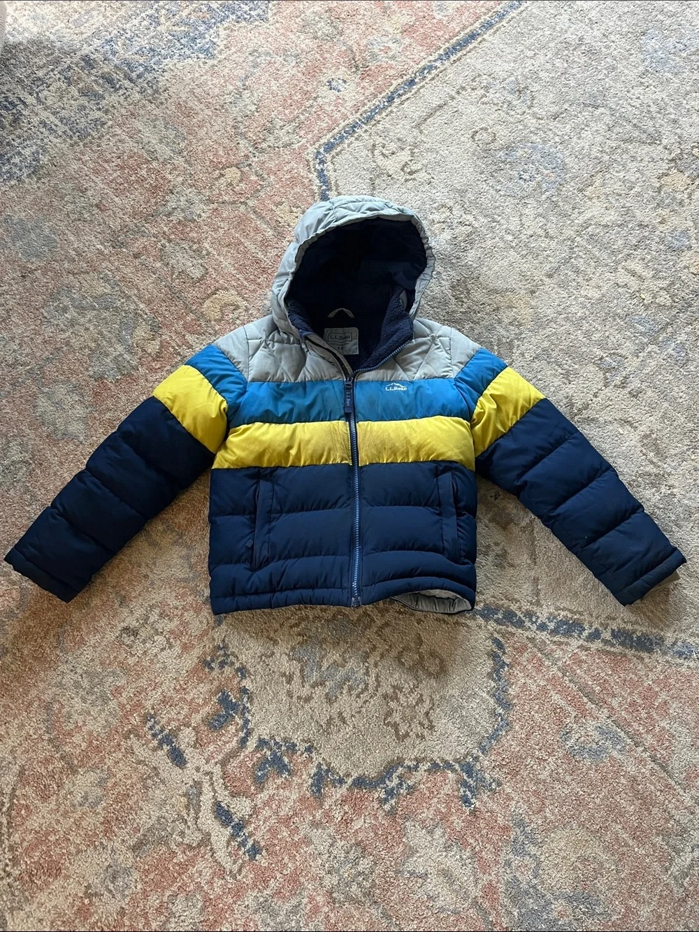 L.L. Bean Kids Colorblock Hooded Puffer Jacket in Navy, Yellow & Light Gray